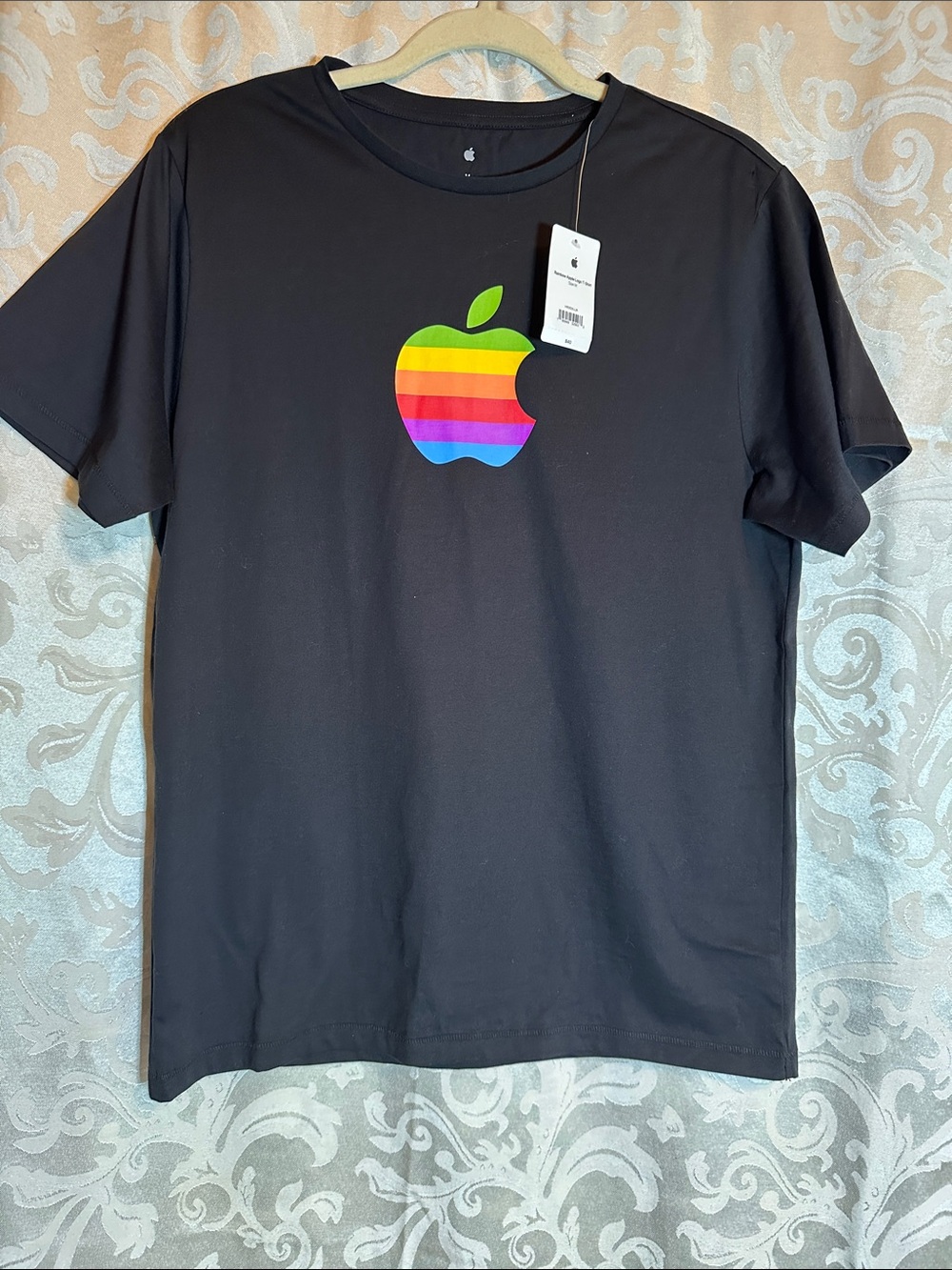 Apple Men’s Black Short-Sleeve Tee with Rainbow Striped Apple Logo